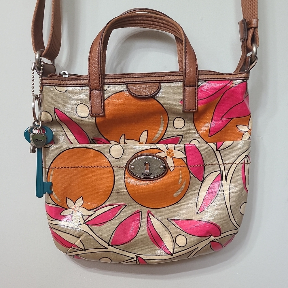 Fossil Key-Per Pink Orange Coated Canvas And Leather Bag With Bag Charm